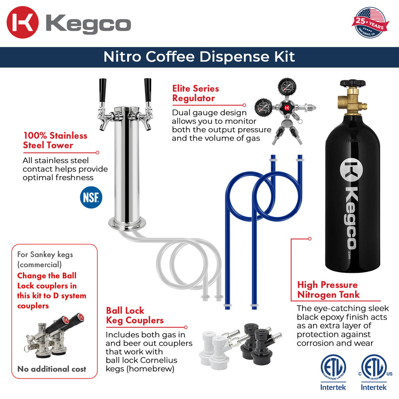 Kegco 24" Wide Dual Tap Stainless Steel Built-In Right Hinge Nitro Coffee Kegerator