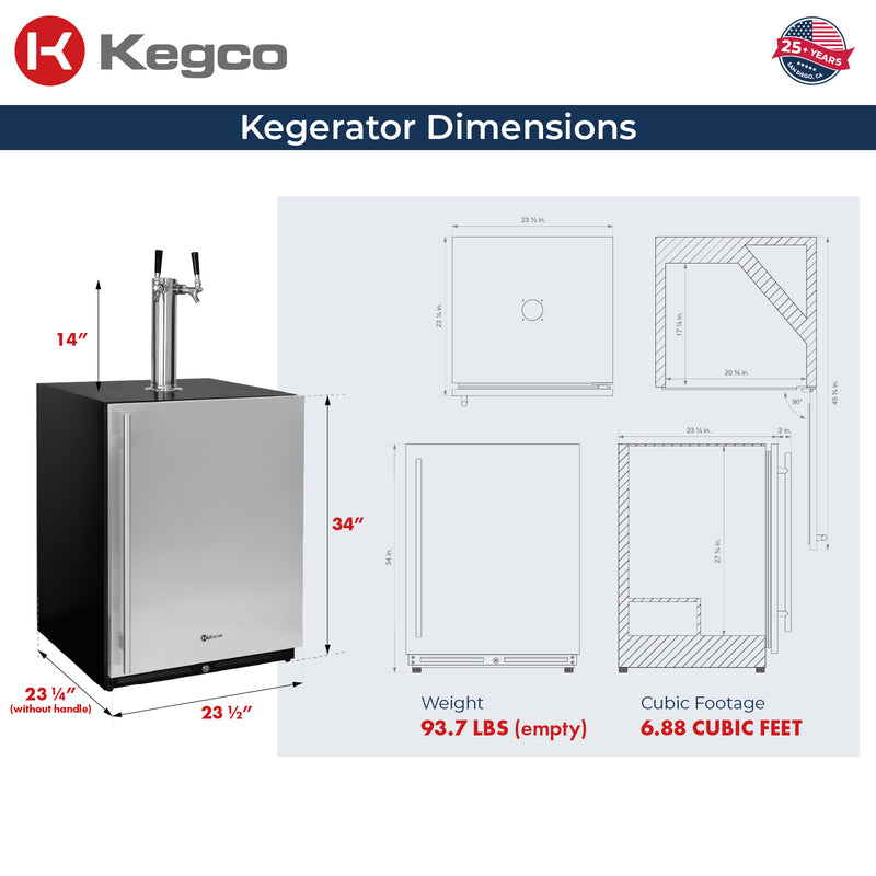 Kegco 24" Wide Dual Tap Stainless Steel Built-In Right Hinge Nitro Coffee Kegerator