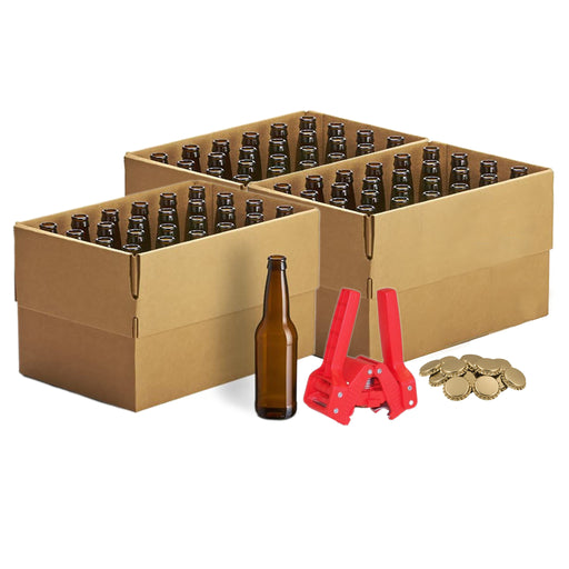 Glass Beer Bottles | Brown - 24 x 355 ml/12 oz - 3x Cases, Emily Capper and Gold Crown Caps (144)    - Toronto Brewing