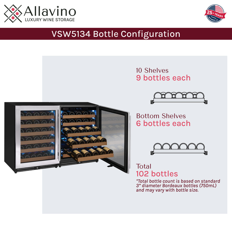 Allavino Reserva Series 102 Bottle Dual Zone Built-in Luxury Wine Refrigerator with Stainless Steel Doors - Side-by-Side