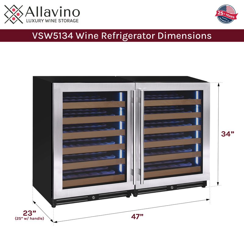 Allavino Reserva Series 102 Bottle Dual Zone Built-in Luxury Wine Refrigerator with Stainless Steel Doors - Side-by-Side
