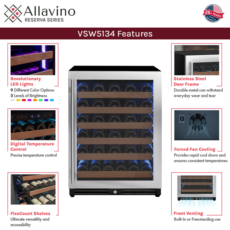 Allavino Reserva Series 102 Bottle Dual Zone Built-in Luxury Wine Refrigerator with Stainless Steel Doors - Side-by-Side