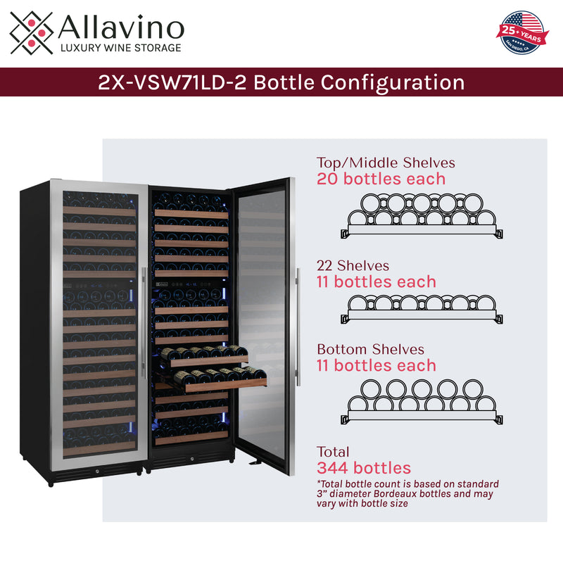 Allavino Reserva Series 344 Bottle Four Zone Built-In Side-by-Side Wine Refrigerator with Stainless Steel Doors