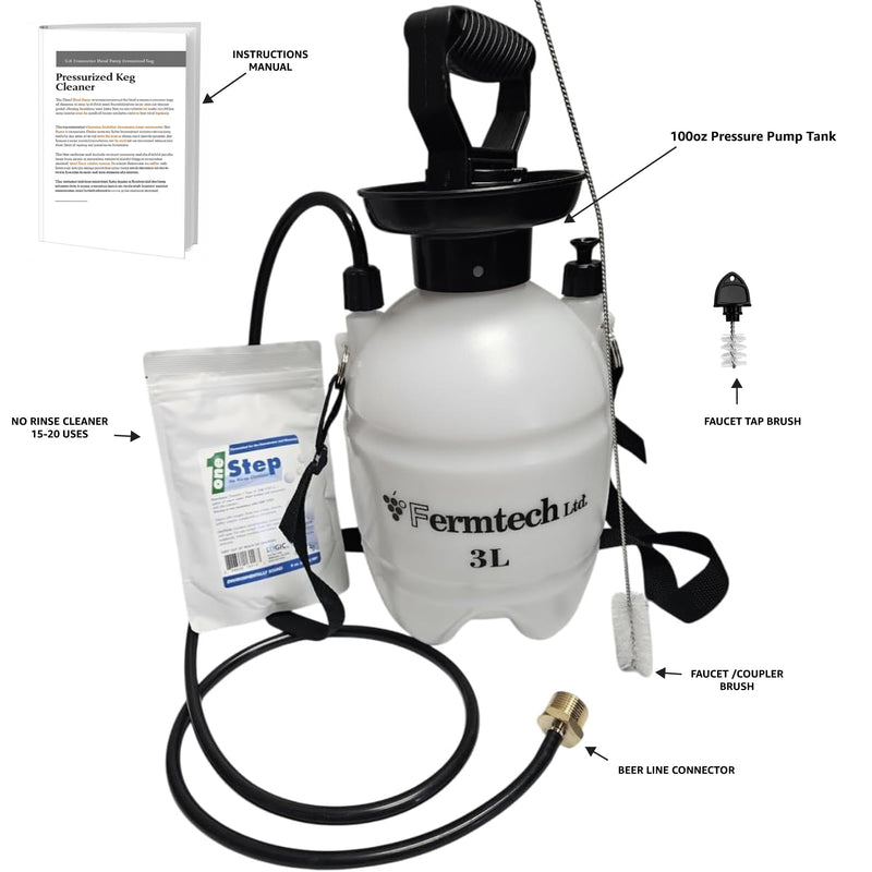 Standard Beer Keg Line Cleaning kit with 4oz Beer Line No Rinse Powder Cleaner - Hand Pump Pressurized - Easy Safe to Use Keg Claner - w/Brush, Faucet Plug, Instruction Manual