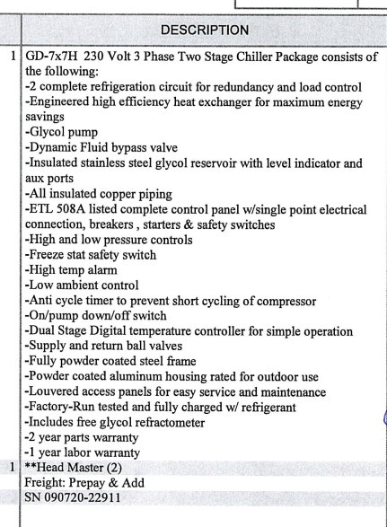 G&D Industrial Glycol Chiller & Fan Coil System – Dual Stage, 230V 3-Phase (GD-7x7H)