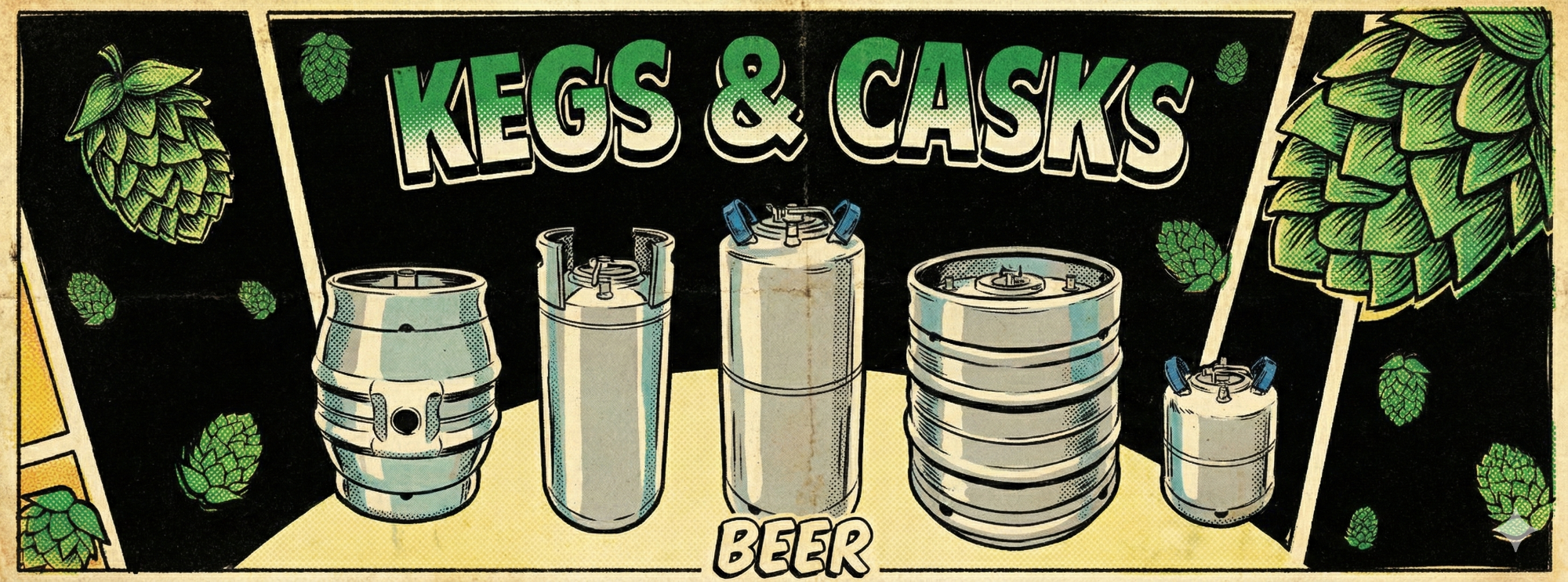 Illustration of kegs and casks with hops on a black background