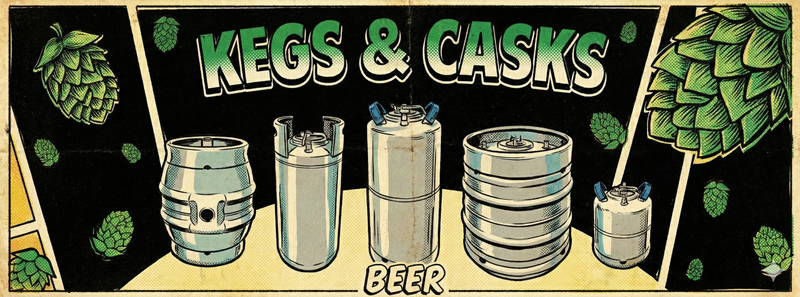 Illustration of kegs and casks with hops on a black background