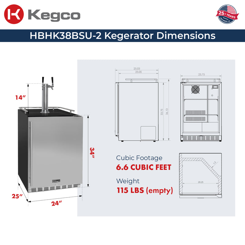 Kegco 24" Wide Homebrew Dual Tap Black Commercial Built-In Right Hinge Kegerator