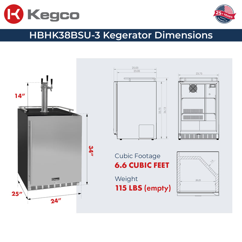 Kegco 24" Wide Homebrew Triple Tap Black Commercial Built-In Right Hinge Kegerator