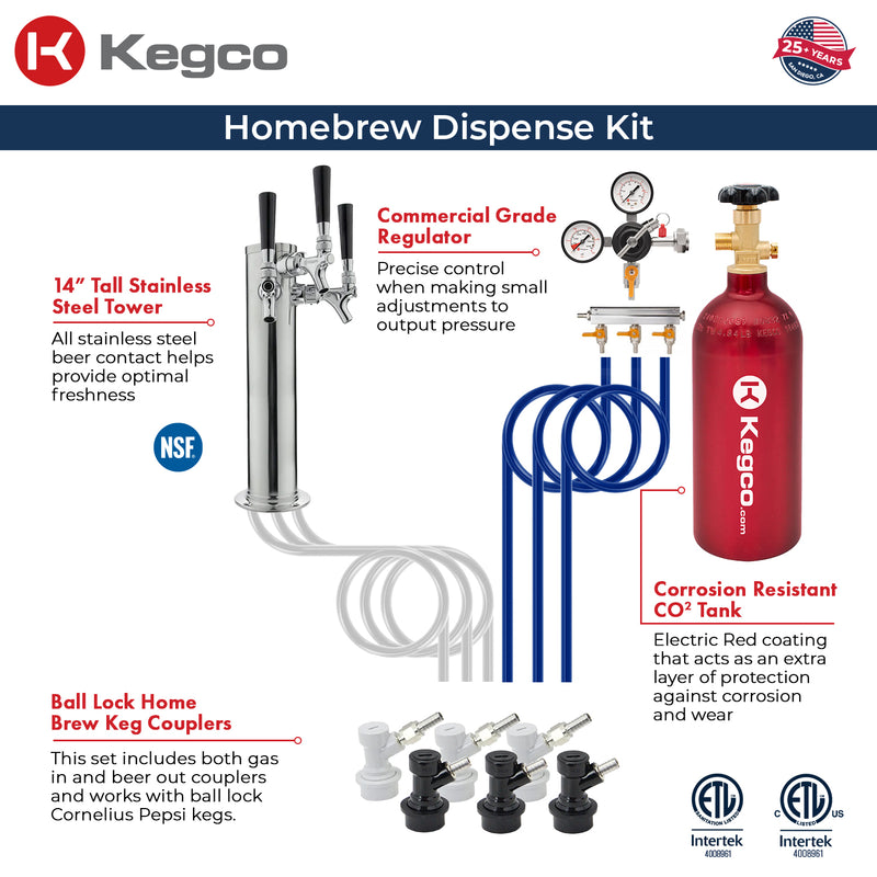 Kegco 24" Wide Homebrew Triple Tap Black Commercial Built-In Right Hinge Kegerator