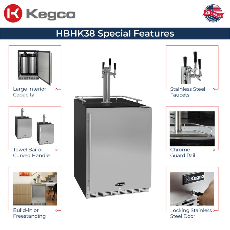 Kegco 24" Wide Homebrew Triple Tap Black Commercial Built-In Right Hinge Kegerator