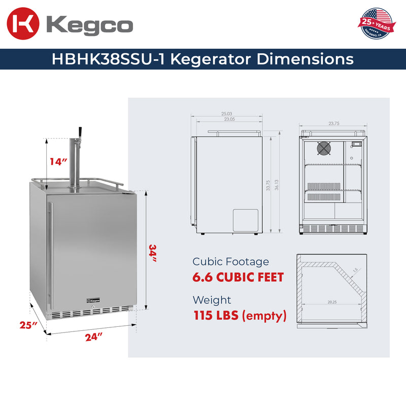 Kegco 24" Wide Outdoor Homebrew Single Tap All Stainless Steel Built-In Right Hinge Kegerator