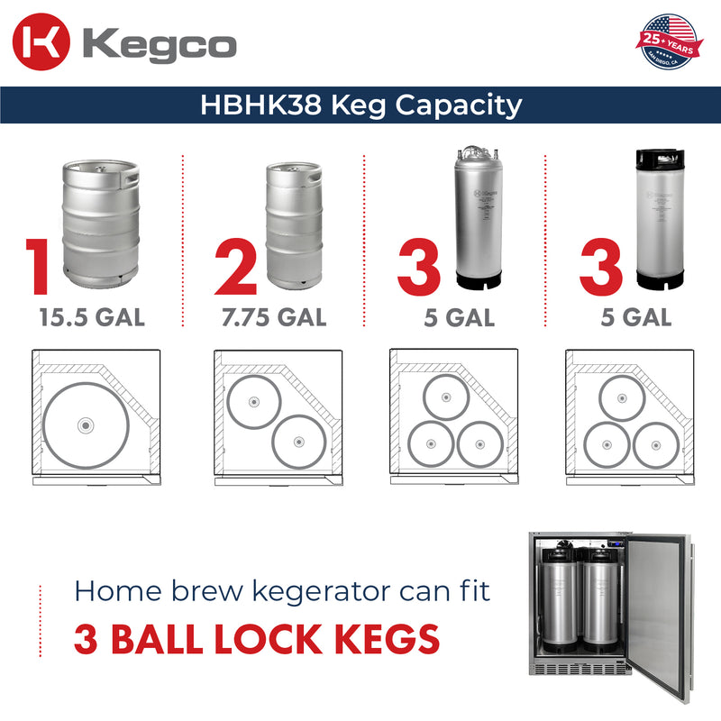 Kegco 24" Wide Outdoor Homebrew Single Tap All Stainless Steel Built-In Right Hinge Kegerator