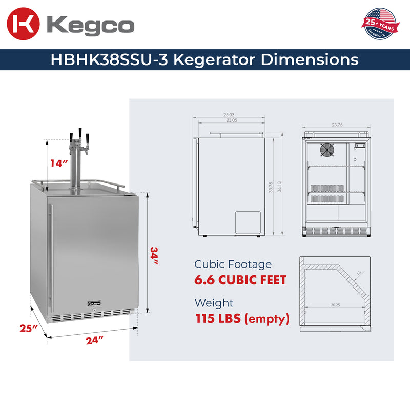 Kegco 24" Wide Outdoor Homebrew Triple Tap All Stainless Steel Built-In Right Hinge Kegerator