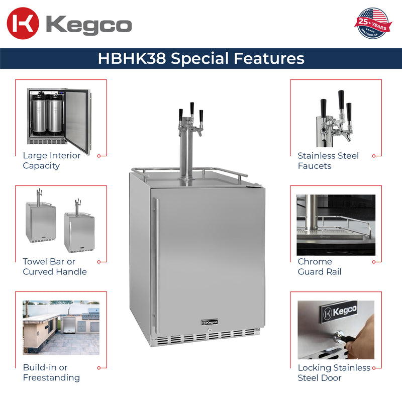 Kegco 24" Wide Outdoor Homebrew Triple Tap All Stainless Steel Built-In Right Hinge Kegerator