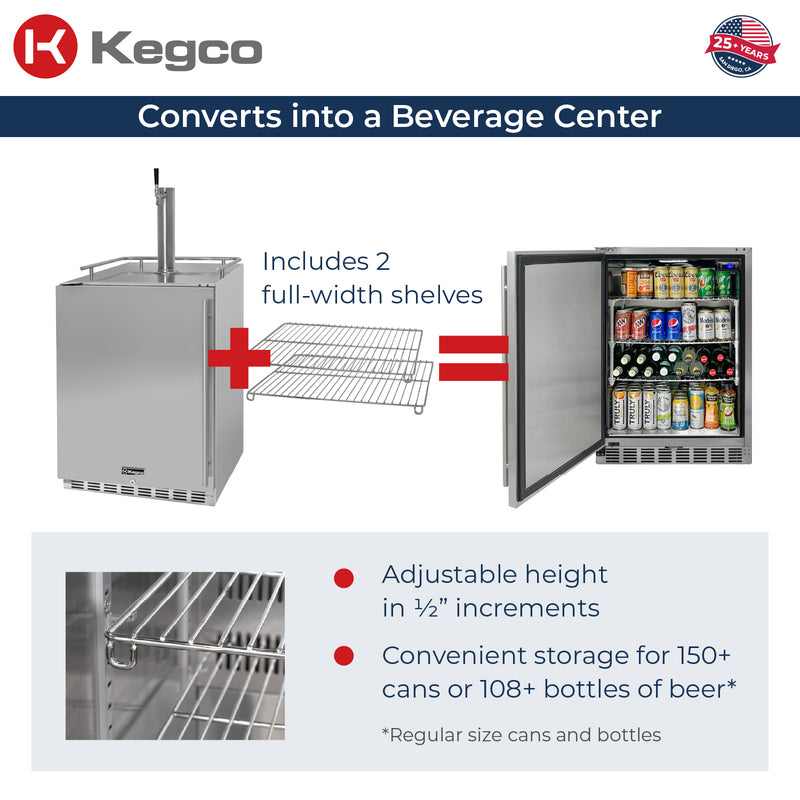 Kegco 24" Wide Outdoor Homebrew Single Tap All Stainless Steel Built-In Left Hinge Kegerator