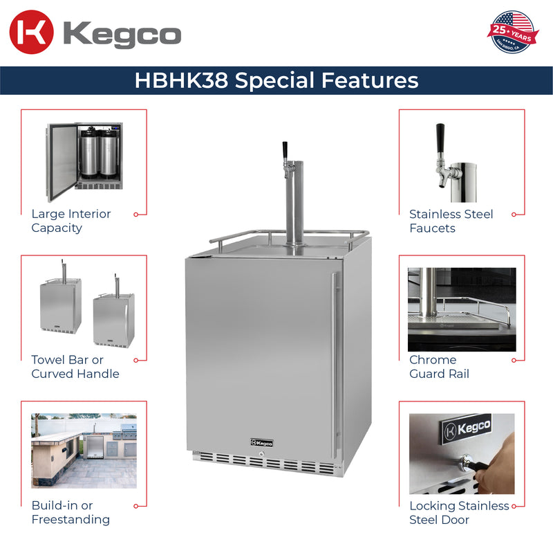 Kegco 24" Wide Outdoor Homebrew Single Tap All Stainless Steel Built-In Left Hinge Kegerator