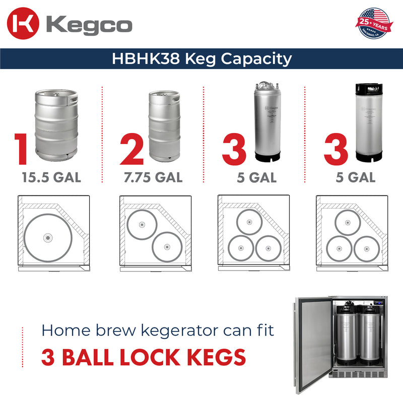 Kegco 24" Wide Outdoor Homebrew Single Tap All Stainless Steel Built-In Left Hinge Kegerator