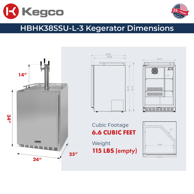 Kegco 24" Wide Outdoor Homebrew Triple Tap All Stainless Steel Built-In Left Hinge Kegerator
