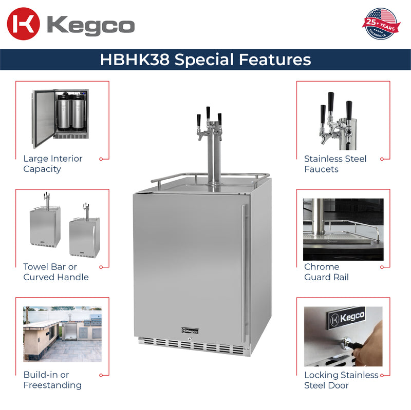 Kegco 24" Wide Outdoor Homebrew Triple Tap All Stainless Steel Built-In Left Hinge Kegerator