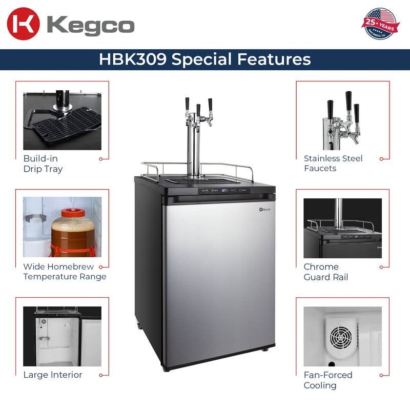 Kegco 24" Wide Homebrew Triple Tap Stainless Steel Digital Kegerator