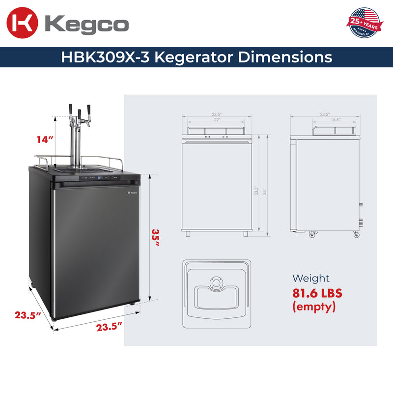 Kegco 24" Wide Homebrew Triple Tap Black Stainless Steel Digital Kegerator