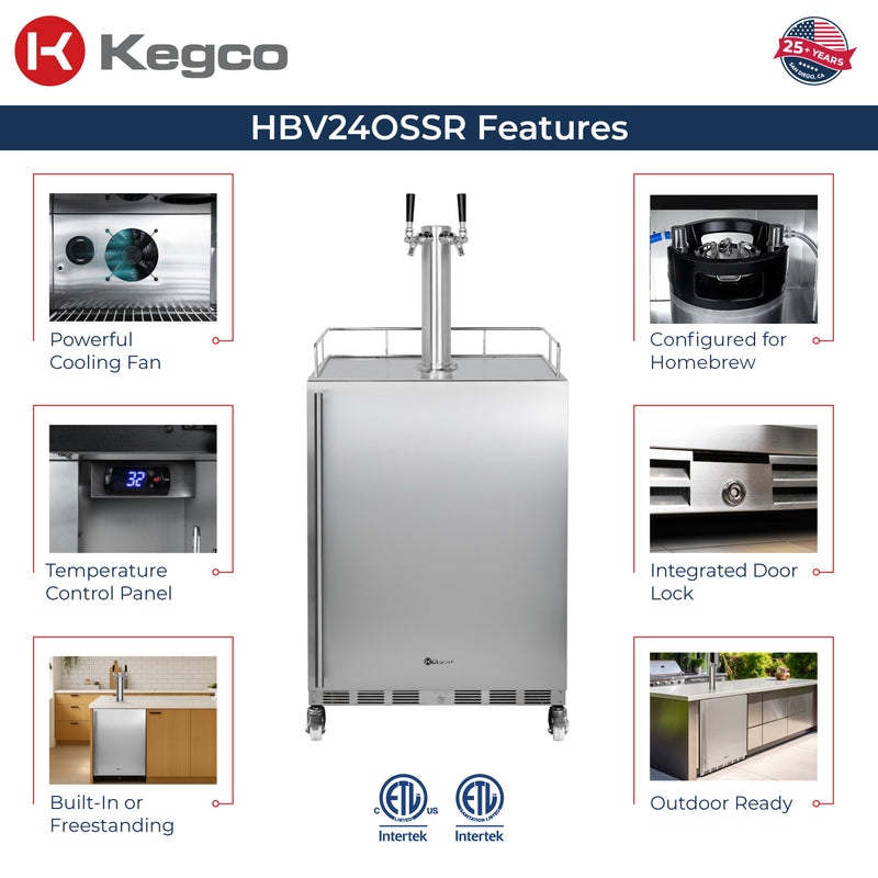 Kegco 24" Wide Outdoor Homebrew Dual Tap All Stainless Steel Built-In Right Hinge Kegerator