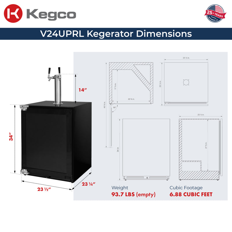 Kegco 24" Wide Homebrew Dual Tap Panel Ready Overlay Commercial Built-In Left Hinge Kegerator