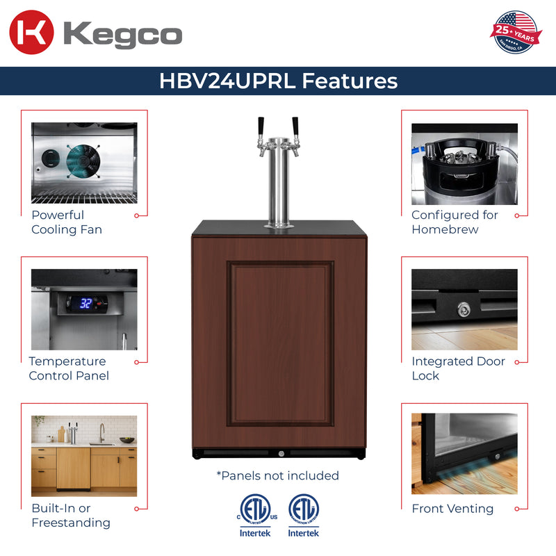 Kegco 24" Wide Homebrew Dual Tap Panel Ready Overlay Commercial Built-In Left Hinge Kegerator