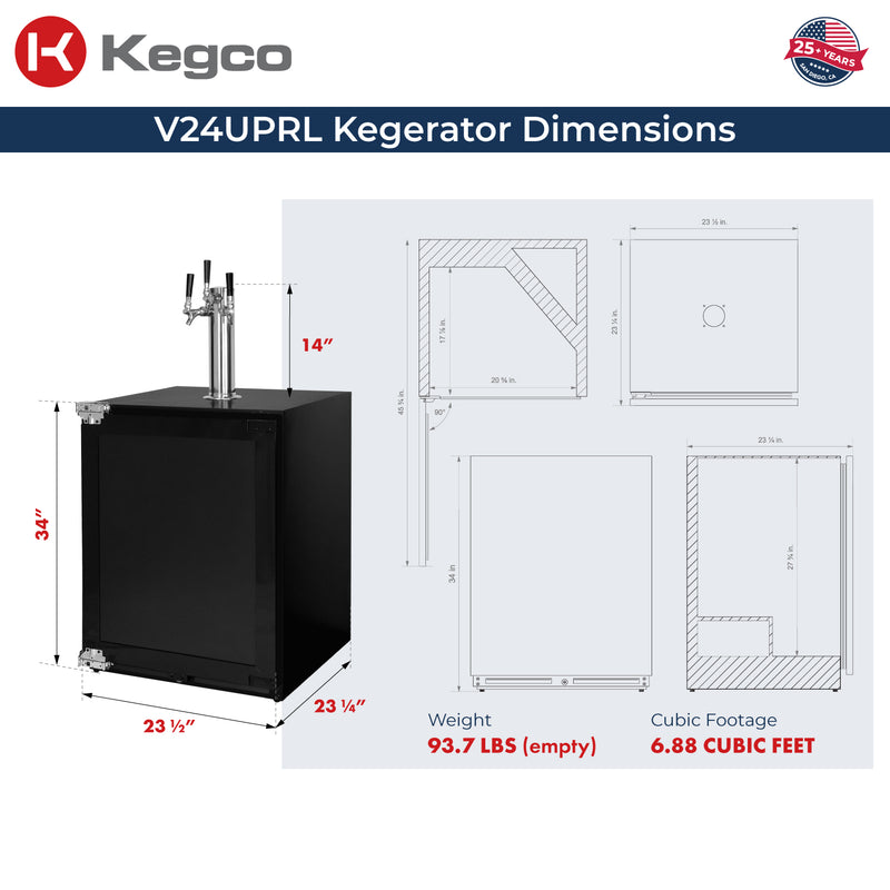 Kegco 24" Wide Homebrew Triple Tap Panel Ready Overlay Commercial Built-In Left Hinge Kegerator