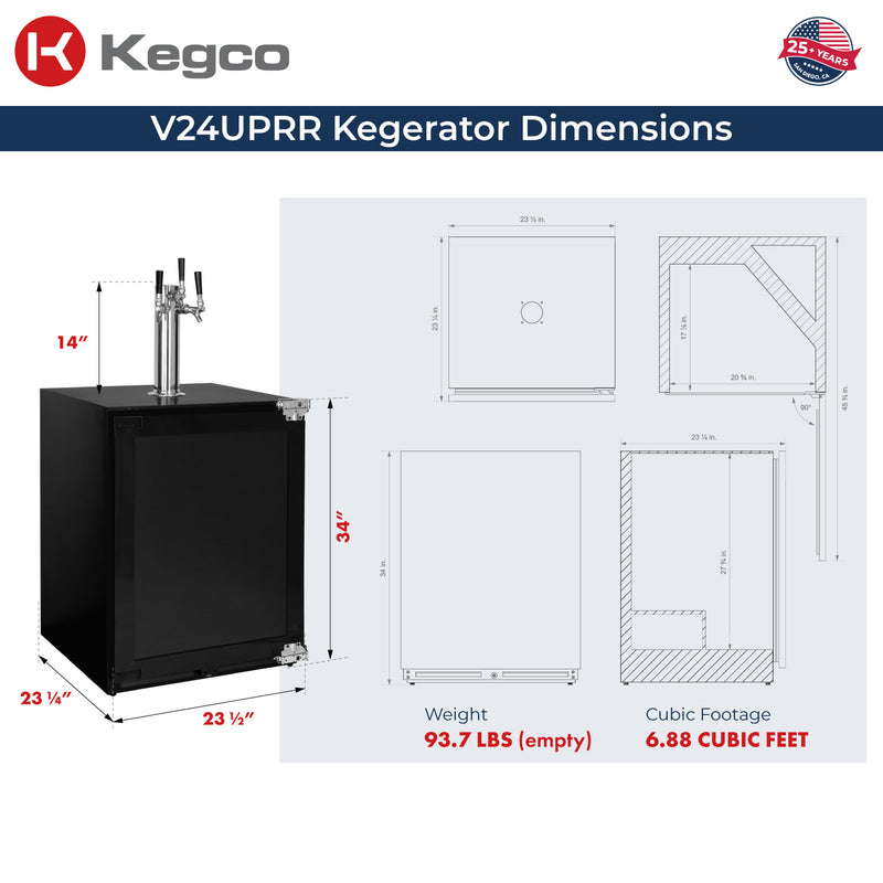 Kegco 24" Wide Homebrew Triple Tap Panel Ready Overlay Commercial Built-In Right Hinge Kegerator