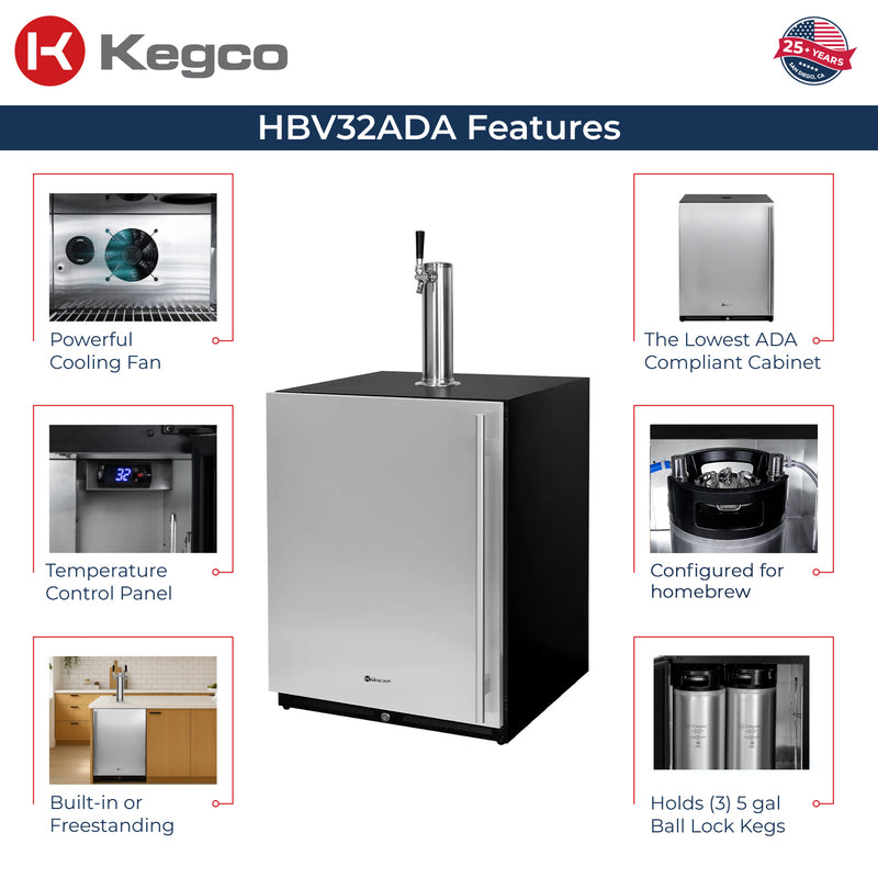 Kegco 24" Wide Single Tap Stainless Steel Built-In Left Hinge ADA Homebrew Kegerator