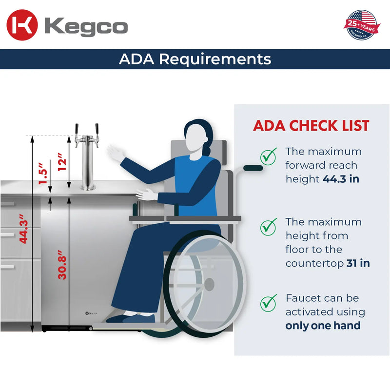 Kegco 24" Wide Dual Tap Stainless Steel Built-In Left Hinge ADA Homebrew Kegerator