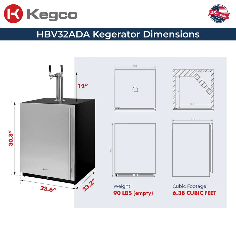 Kegco 24" Wide Dual Tap Stainless Steel Built-In Left Hinge ADA Homebrew Kegerator