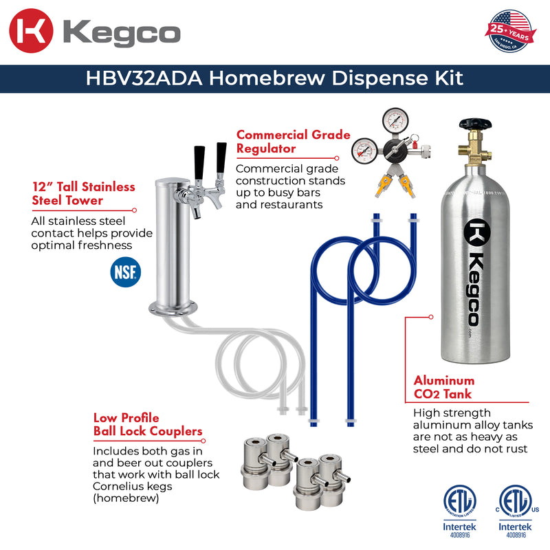 Kegco 24" Wide Dual Tap Stainless Steel Built-In Left Hinge ADA Homebrew Kegerator