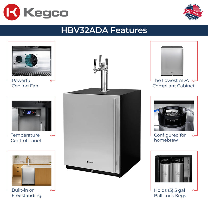 Kegco 24" Wide Triple Tap Stainless Steel Built-In Left Hinge ADA Homebrew Kegerator