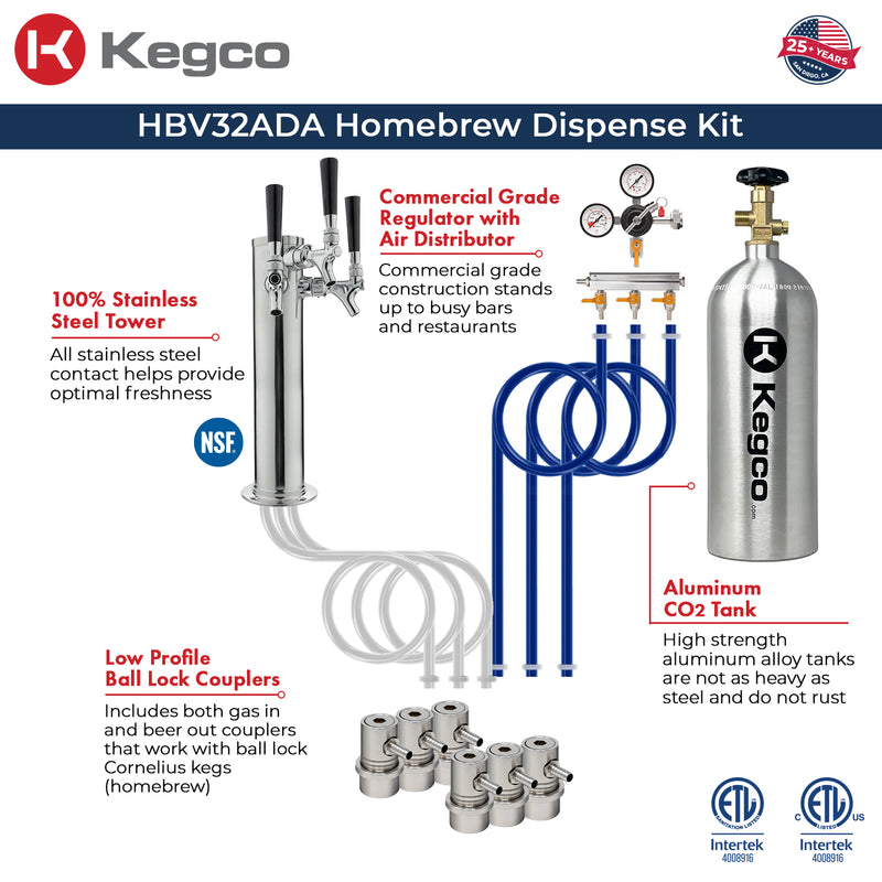 Kegco 24" Wide Triple Tap Stainless Steel Built-In Left Hinge ADA Homebrew Kegerator