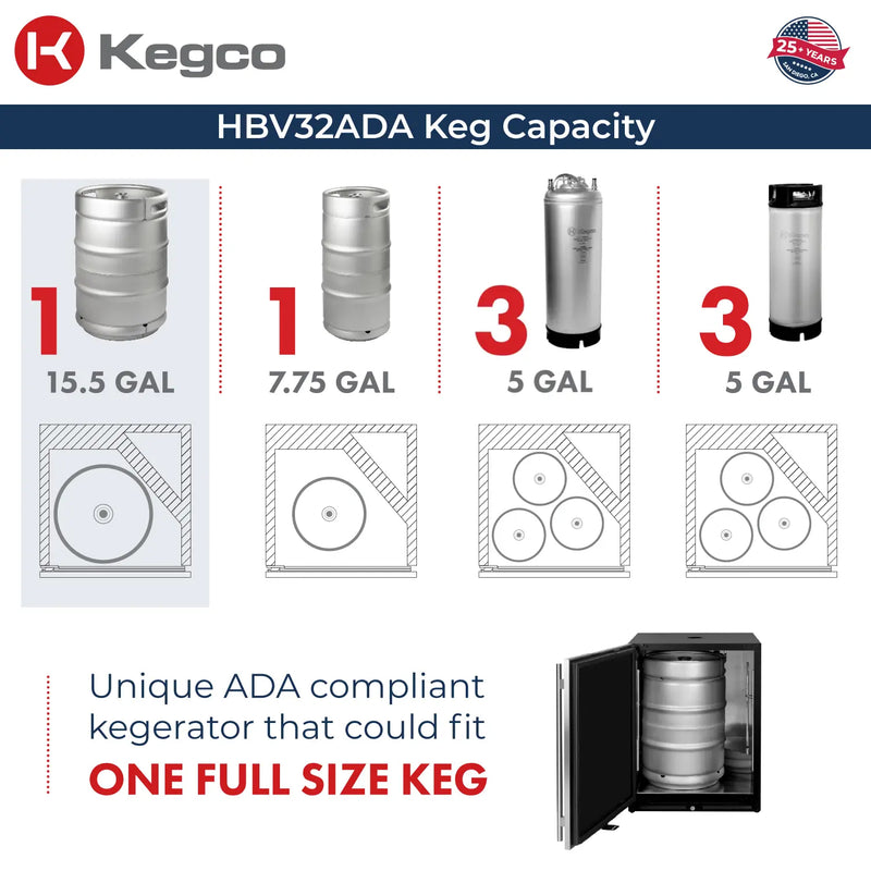 Kegco 24" Wide Triple Tap Stainless Steel Built-In Left Hinge ADA Homebrew Kegerator