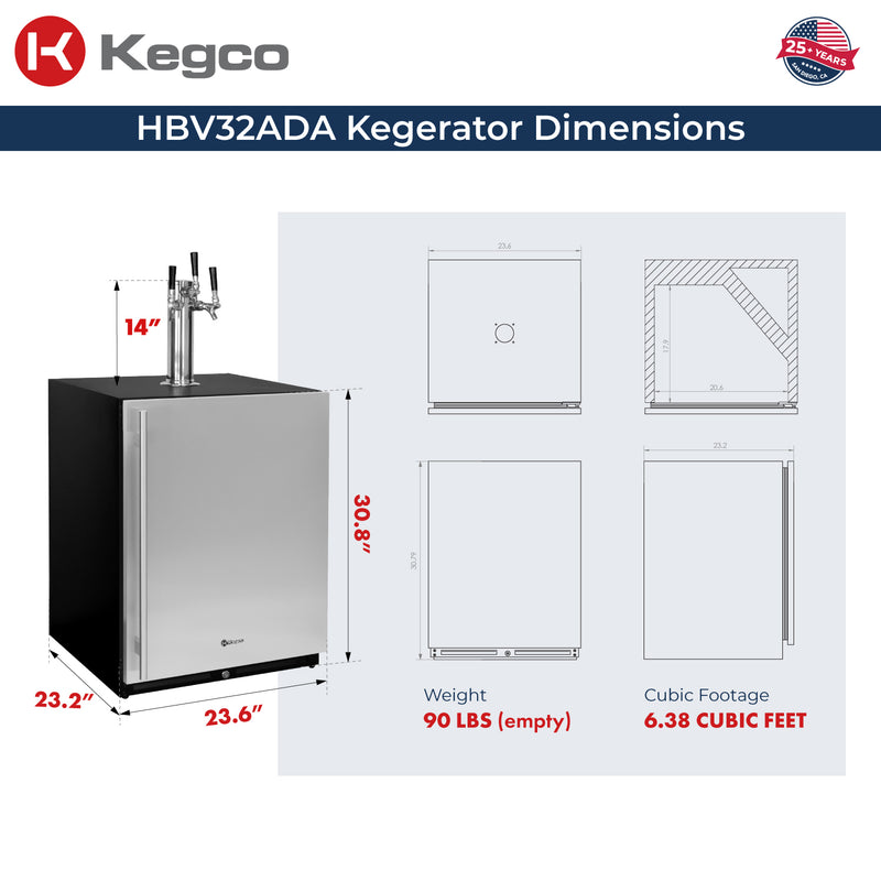 Kegco 24" Wide Triple Tap Stainless Steel Built-In Right Hinge ADA Homebrew Kegerator