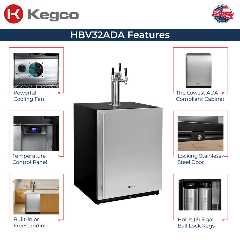 Kegco 24" Wide Triple Tap Stainless Steel Built-In Right Hinge ADA Homebrew Kegerator