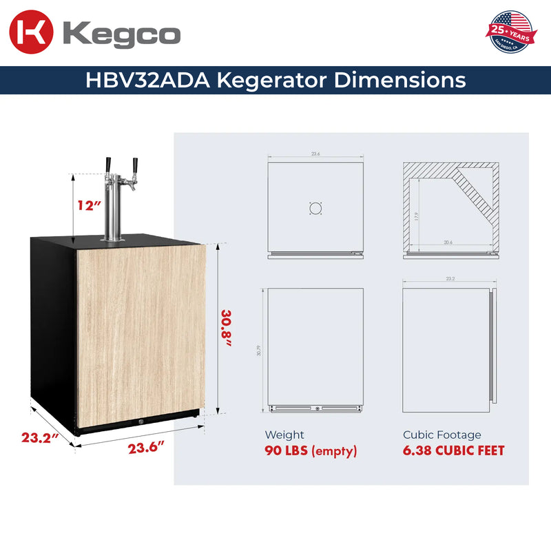 Kegco 24" Wide Dual Tap Panel Ready Overlay Built-In Right Hinge ADA Homebrew Kegerator