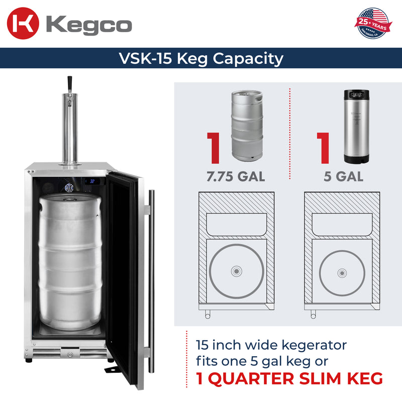 Kegco 15" Wide Outdoor Homebrew Stainless Steel Built-In Right Hinge Kegerator