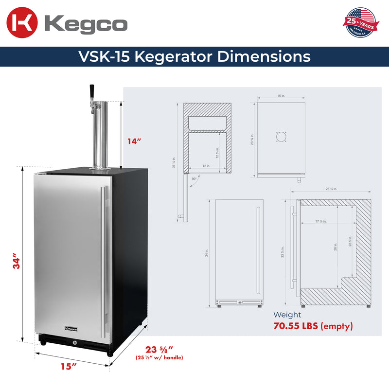 Kegco 15" Wide Undercounter Homebrew Stainless Steel Door Built-In Left Hinge Kegerator