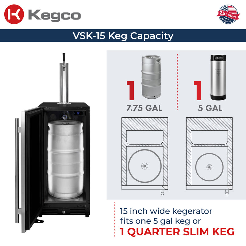 Kegco 15" Wide Undercounter Homebrew Stainless Steel Door Built-In Left Hinge Kegerator