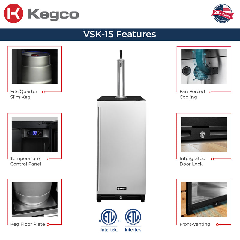 Kegco 15" Wide Undercounter Homebrew Stainless Steel Door Built-In Right Hinge Kegerator