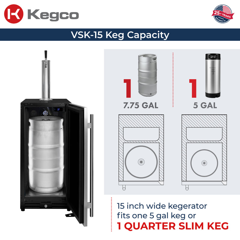 Kegco 15" Wide Undercounter Homebrew Stainless Steel Door Built-In Right Hinge Kegerator