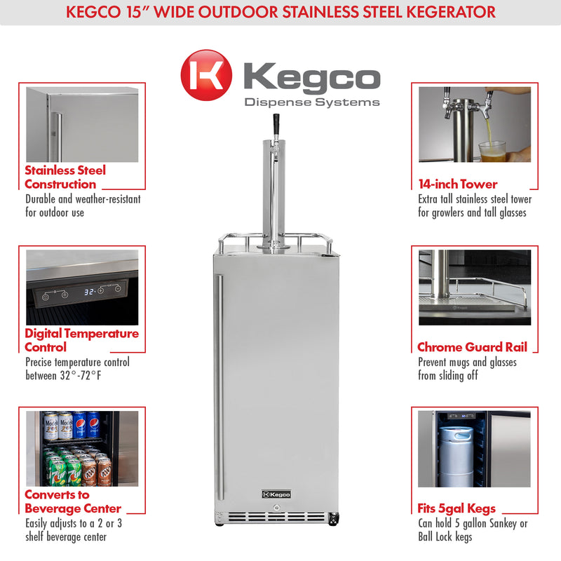Kegco 15" Wide Outdoor Single Tap Stainless Steel Built-In Commercial Kegerator HK-15-SS