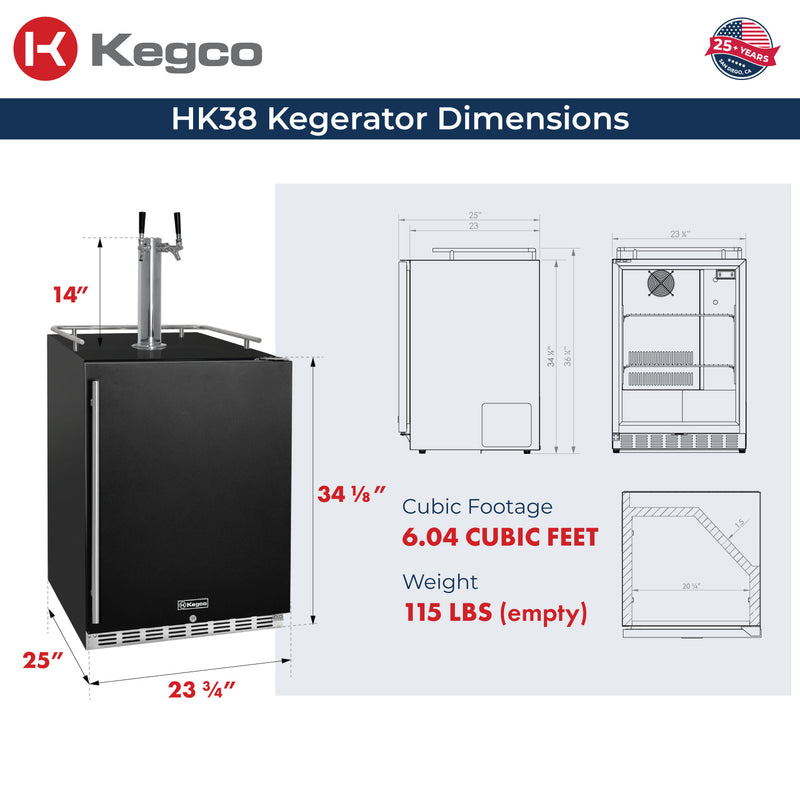 Kegco 24" Wide Dual Tap Black Built-In Right Hinge Kegerator with Kit