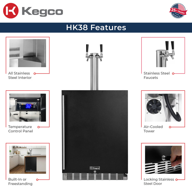 Kegco 24" Wide Dual Tap Black Built-In Right Hinge Kegerator with Kit