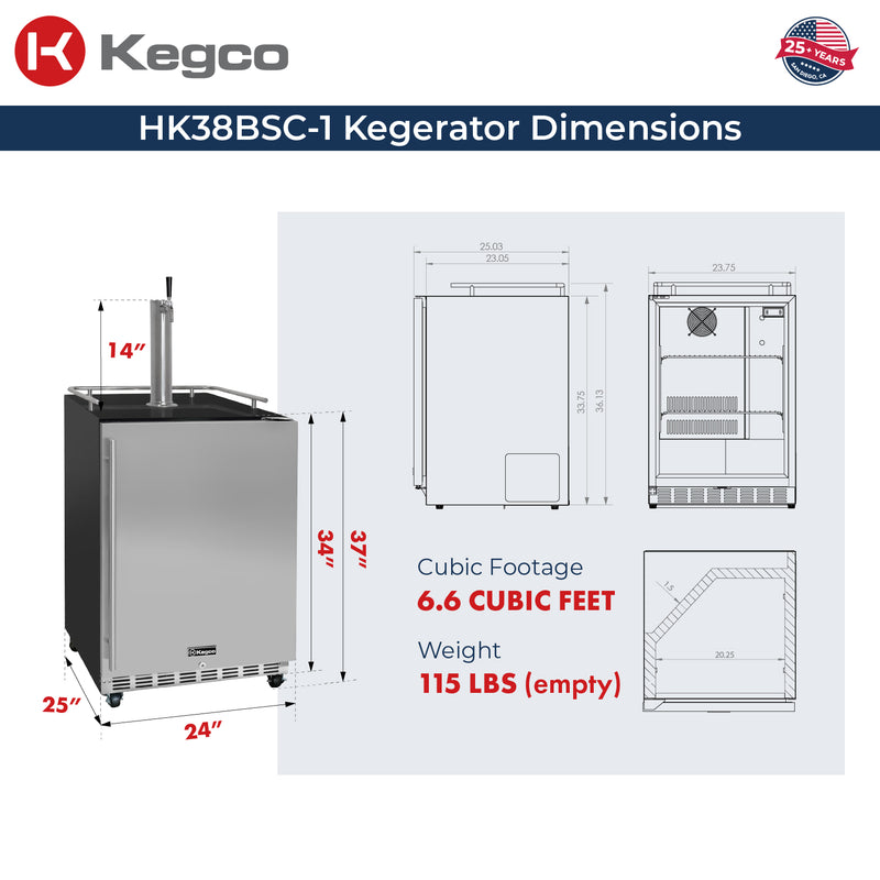 Kegco 24" Wide Single Tap Stainless Steel Commercial Built-In Right Hinge Digital Kegerator with Kit